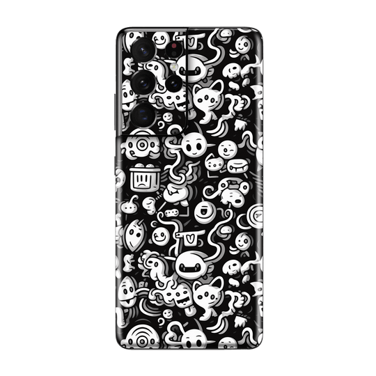 Samsung Galaxy S21 ULTRA Print Printed Custom SIGNATURE Pictogram Party Monochrome Black and White Icons Faces Skin Wrap Sticker Decal Cover Protector by QSKINZ | qskinnz.com